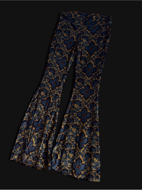 Free People Pants - Free People Blue and Gold Floral Velvet Bell Bottom Pants